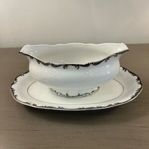 Vintage MIKASA Marlboro Porcelain White Silver Gravy Boat & Underplate Japan